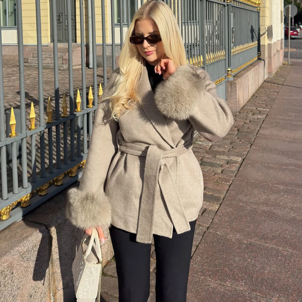 Talenza Fox Fur Wool Overcoat Women's Short Coat Office Lady Elegant Double-sided Woolen Coat 2025 Cardigan Jackets Loose Blends