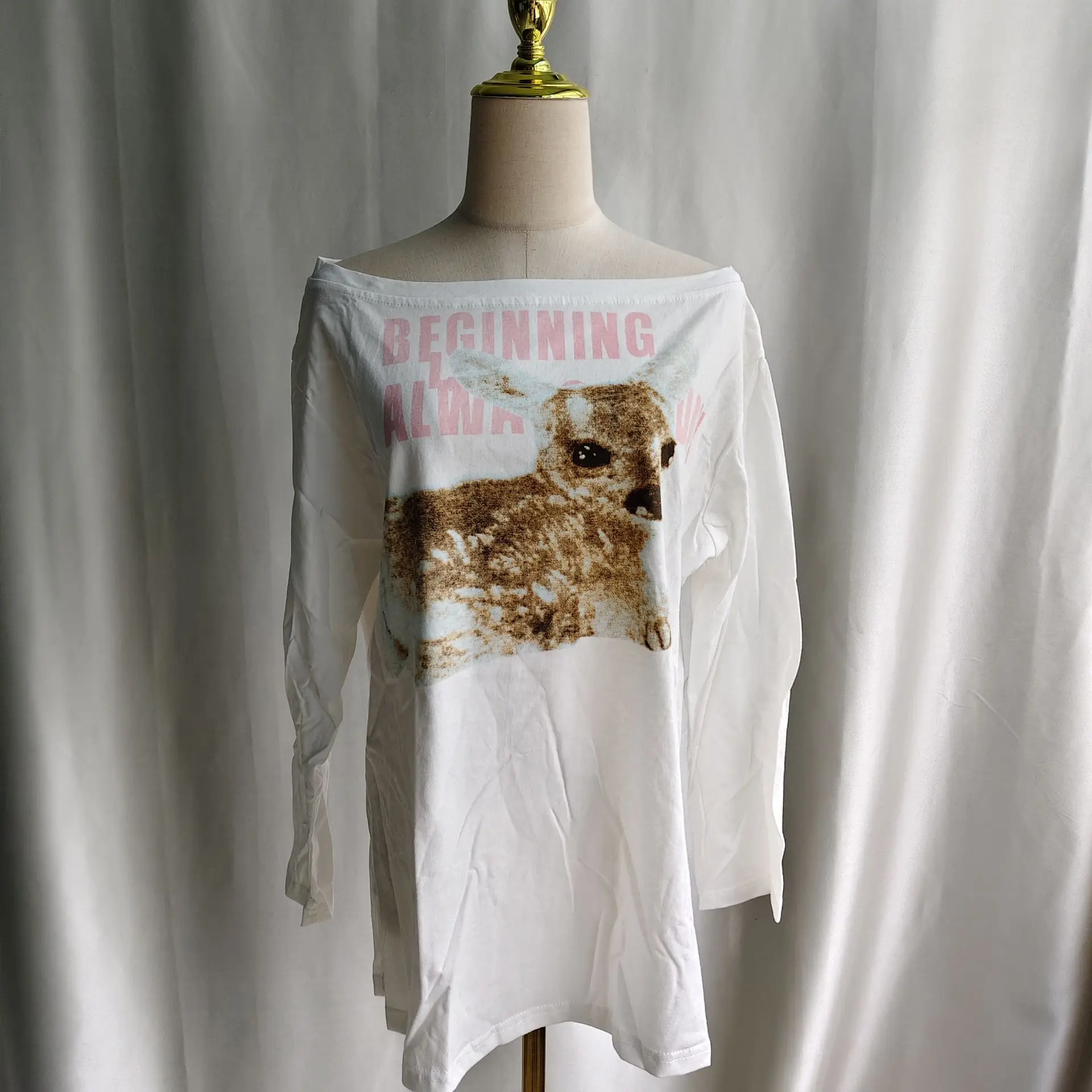 Kimotimo Fashion Deer Letter Printed Long Sleeve T-shirt Women Autumn New Loose Thin Tops Y2k Aesthetic Casual Streetwear Tees