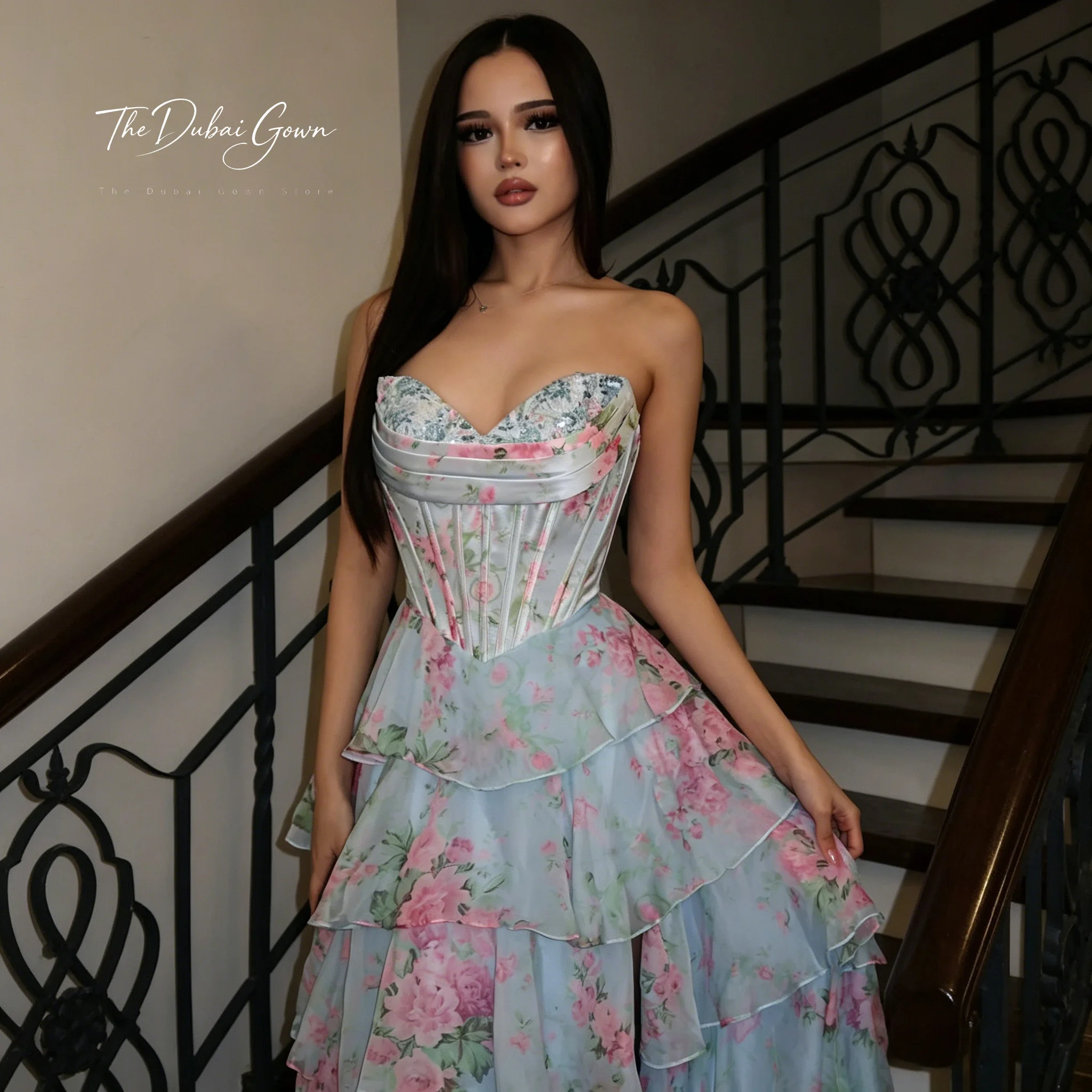 

Elegant Strapless Sleeveless Ball Gown Floor Length Formal Evening & Prom Dress with Slit Hem and Floral Print