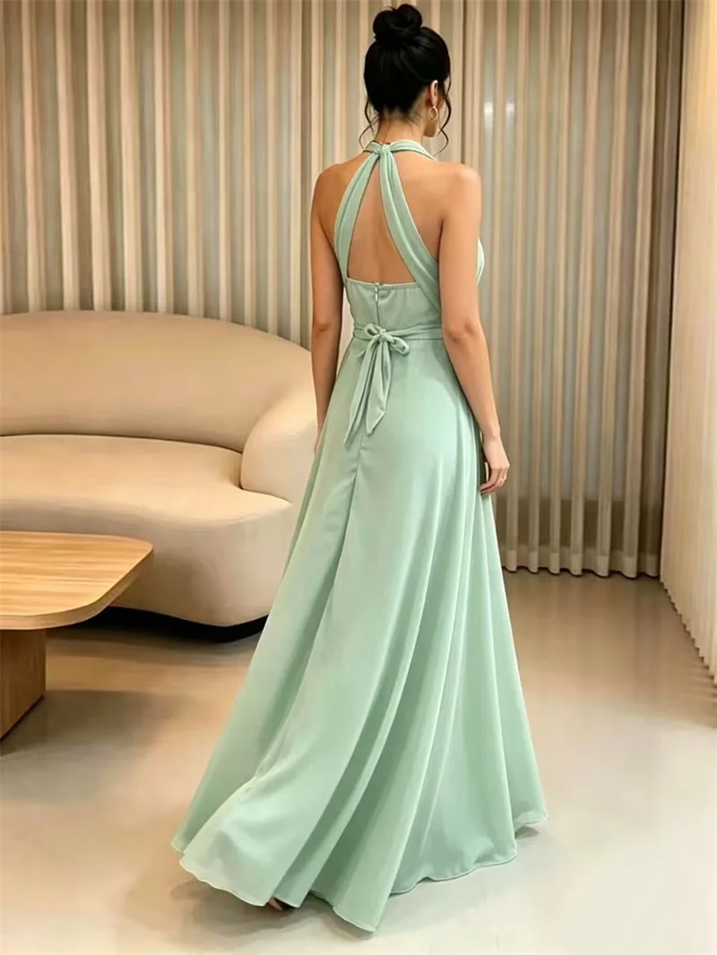 Elegant Chiffon Prom Dress Sexy Halter Sleeveless Ruffles Bridesmaid Party Gown Long Formal Wedding Guest Birthday Evening Robe