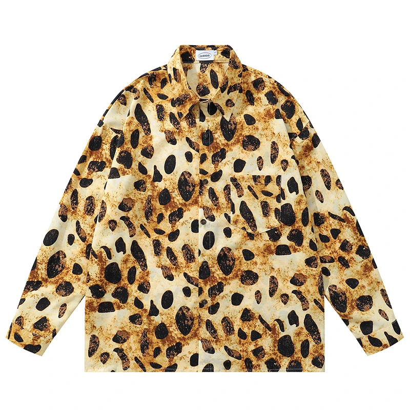 

Men's Long Sleeve Shirt Abstract Leopard Print Streetwear Casual Button Up Oversized Fashion Top Vintage Pattern Blouse Clothing