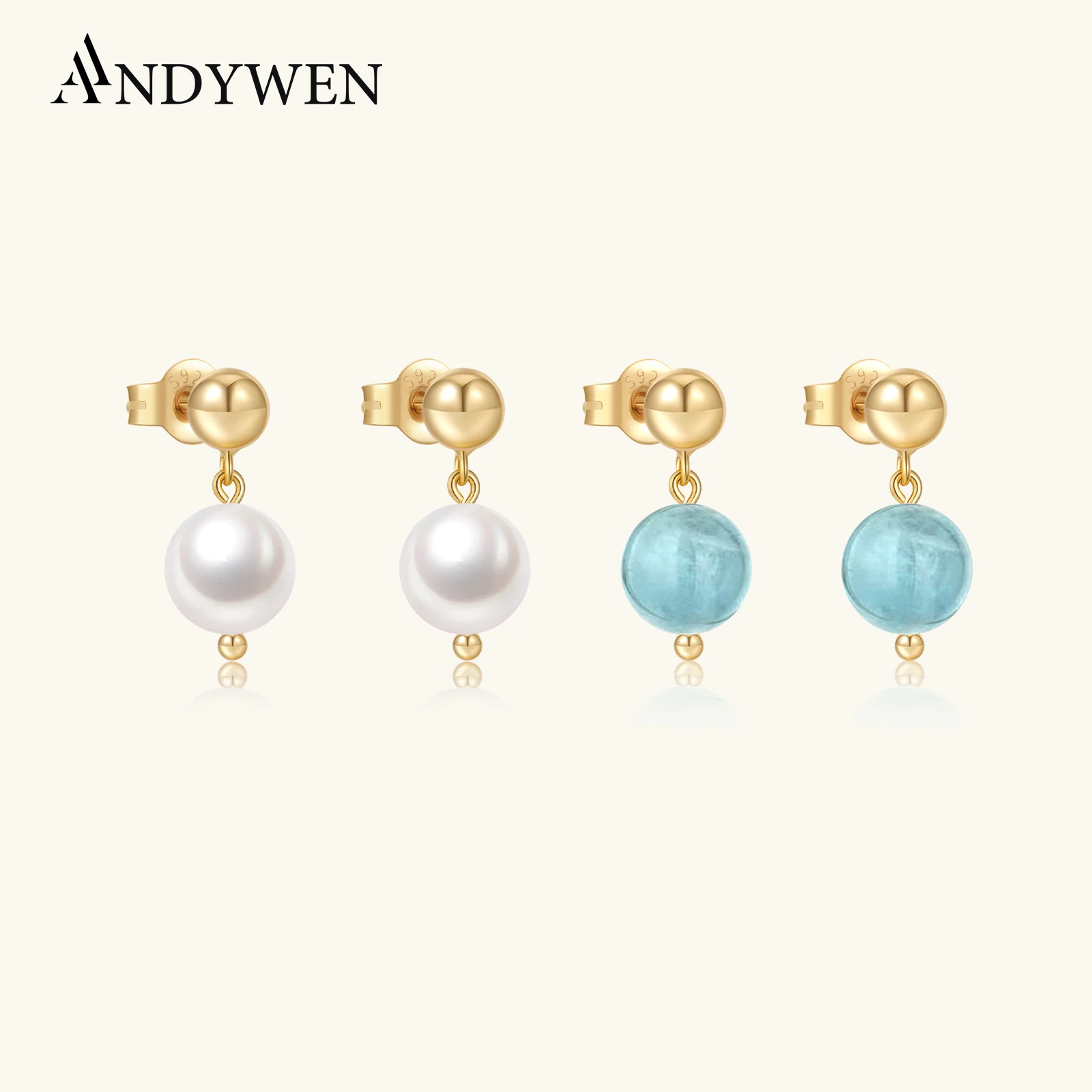 

ANDYWEN серьги-гвоздики из стерлингового серебра 925 пробы с жемчугом небесно-голубого цвета, серьги-гвоздики с синим аквамарином, роскошные женские повседневные драгоценности