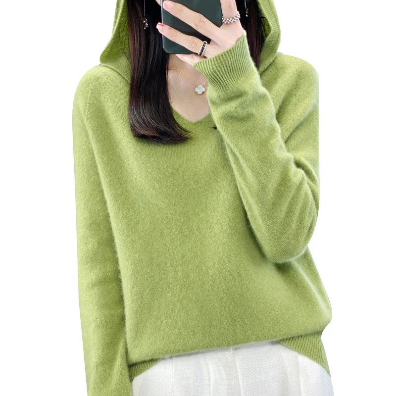 

Autumn Winter Staple 100% Merino Wool Pullover Sweater Women V-neck Hooded Soild Casual Cashmere Knitwear Basic Long Sleeve Tops
