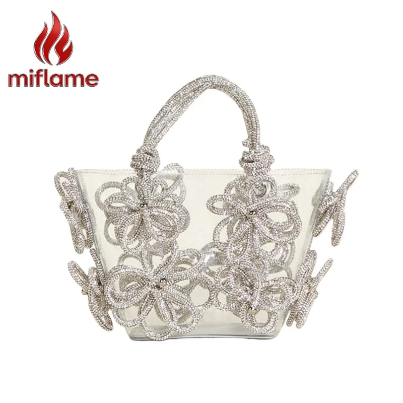 Bring Women's Basket Bucket Bag Crystal Rhinestone Flower Sparkly Evening Party French Fairy Style