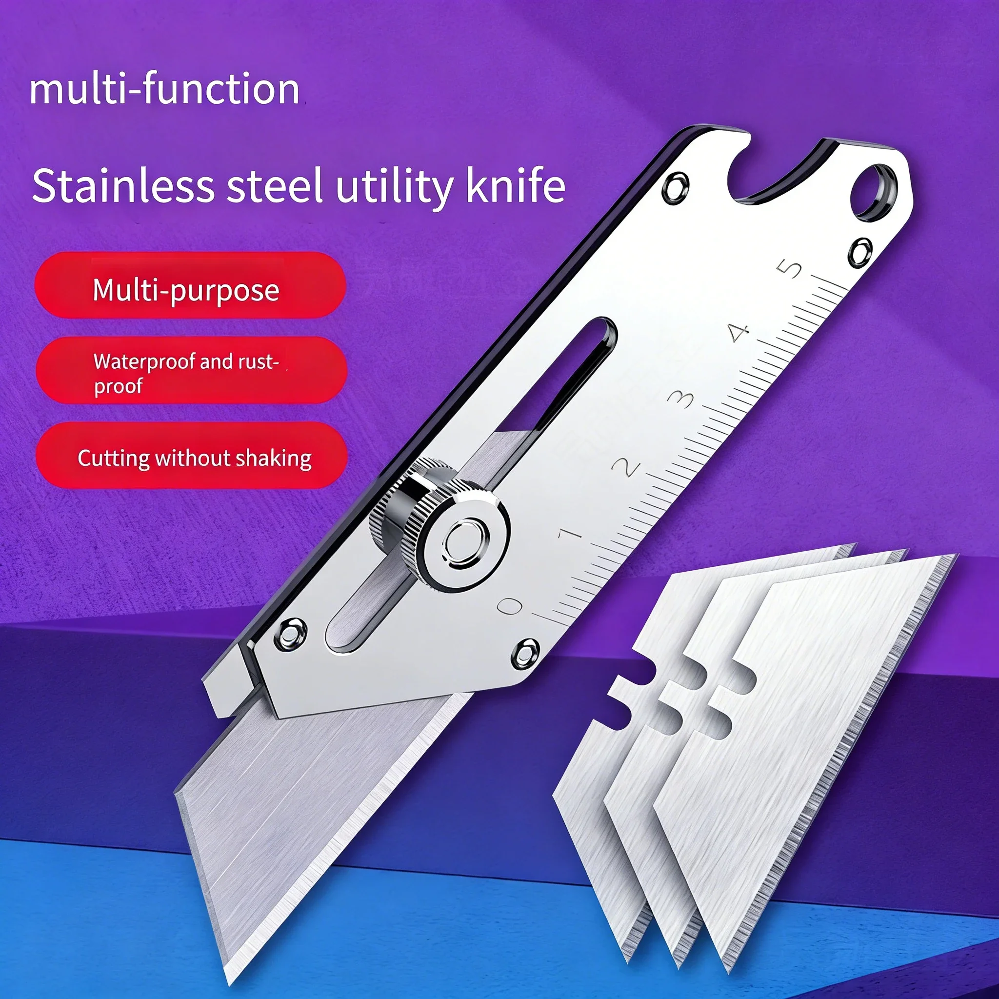 All-Steel Heavy Duty Utility Knife with Bottle Opener & 5 Free Blades - Industrial Multifunction Tool