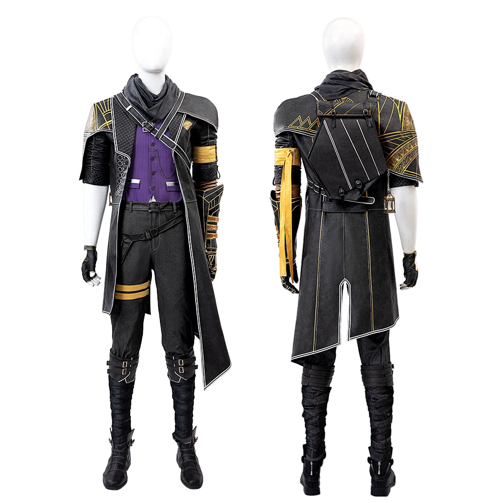 

Gustave Cosplay Costume Expeditioner Outfits Moustache Man Black Long Trench Purple Vest Suits Brushface Men Halloween Outfit