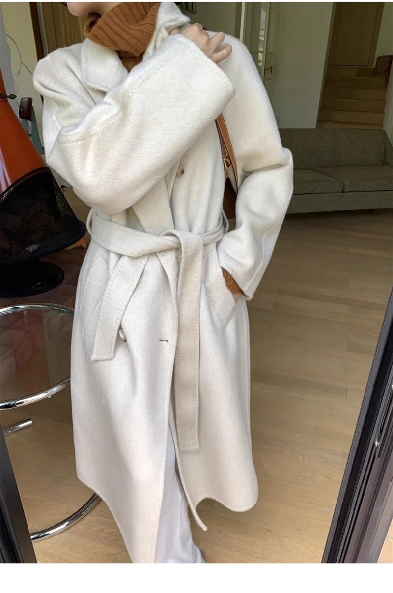 Winter Korean Handmade Double Breasted Long 100% Wool Coat Women Casual Loose Lacing Belt Woolen Overcoat Oversized
