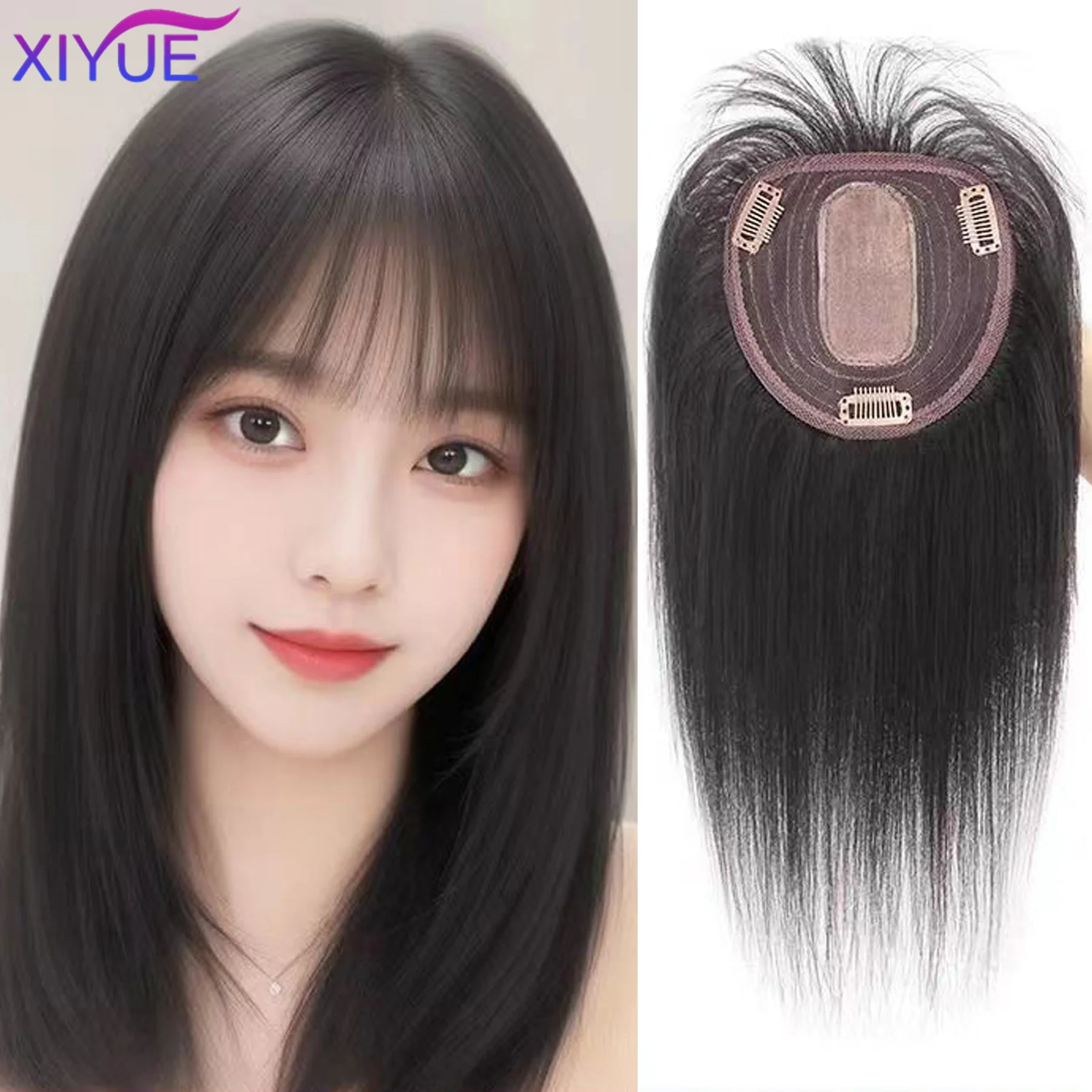 XIYUETopper Hair Piece Invisible Seamless Long Straight Wig Bangs Clip Overhead Natural Invisible Replacement Cover White Hair ﻿