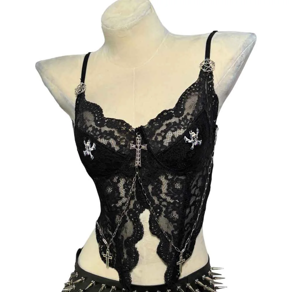 Harajuku الجمجمة القوطي ملابس للنادي ايكو في سن المراهقة خمر Kawaii DIY بها بنفسك يدوية الشرير الصخرة ايمو Y2K القمم الجرونج الصليب E-الفتيات القوطية