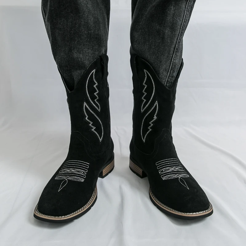 

Мужские высокие ботинки на замшевом низком каблуке, модные классические мужские ботинки с квадратным носком и вышивкой