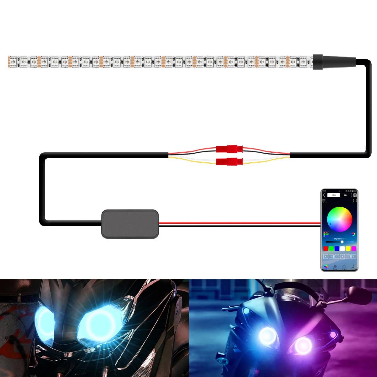 1/2PCS Motorcycle LED Decorative Light Bar 30SMD RGB Colorful Headlight Angel Eyes Light Strip With APP Control Universal
