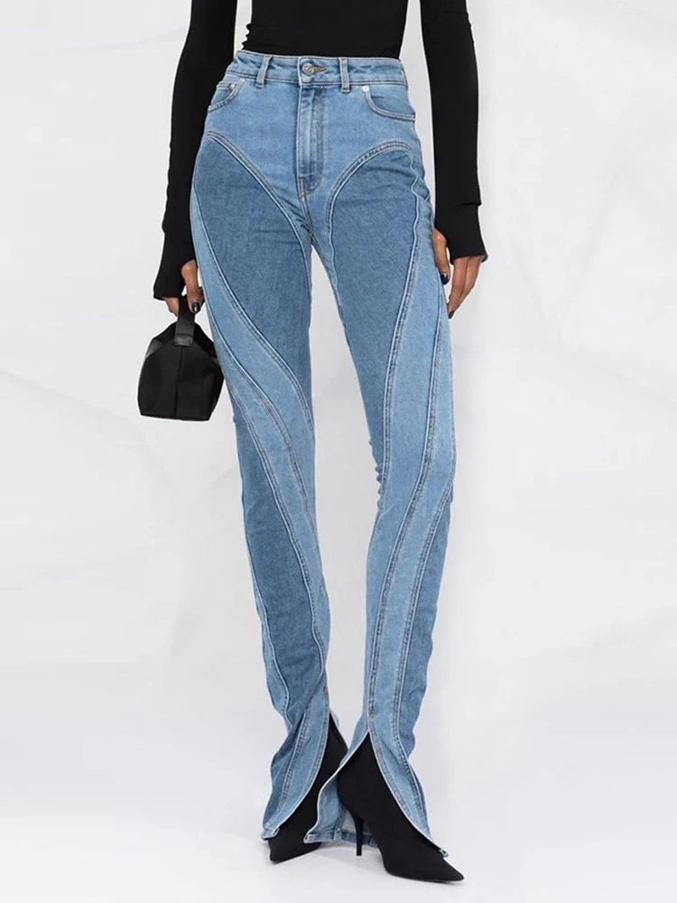 DEAT Fashion Women\'s Jeans Slim Deconstruct Panelled Patchwork High Waist Split Blue Long Denim Pants Spring 2024 New 1DF2575