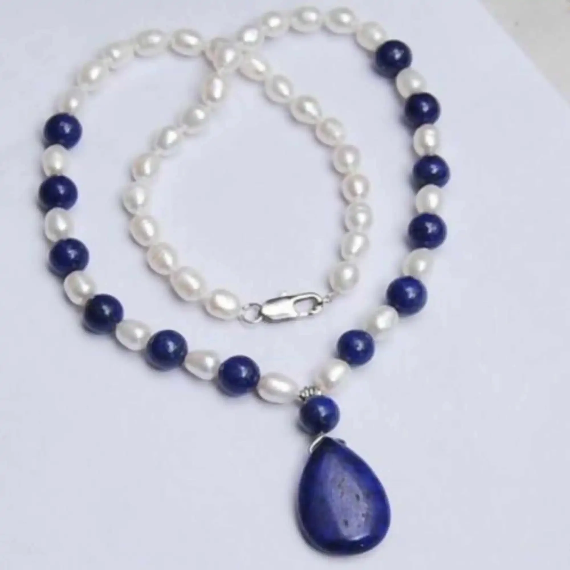 

18 inches Natural 7-8MM White freshwater Pearl Lapis Lazuli Pendant Stone Square Spiritual green Gem Stone Fashion Necklace