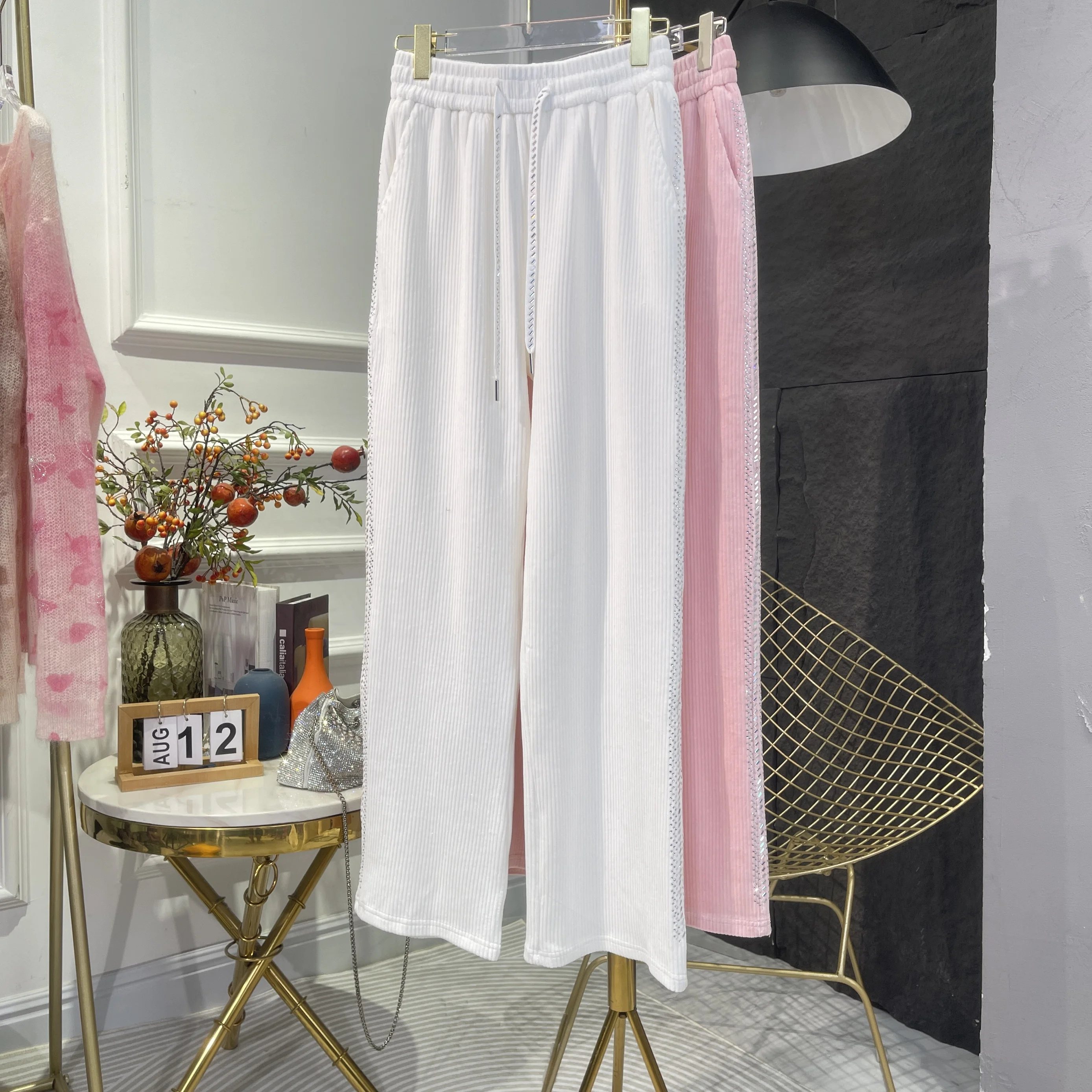 Sweet Candy-colored Straight Vertical Wide-leg Pants 2024 New Hot Diamond Versatile Corduroy Trousers Autumn and Winter