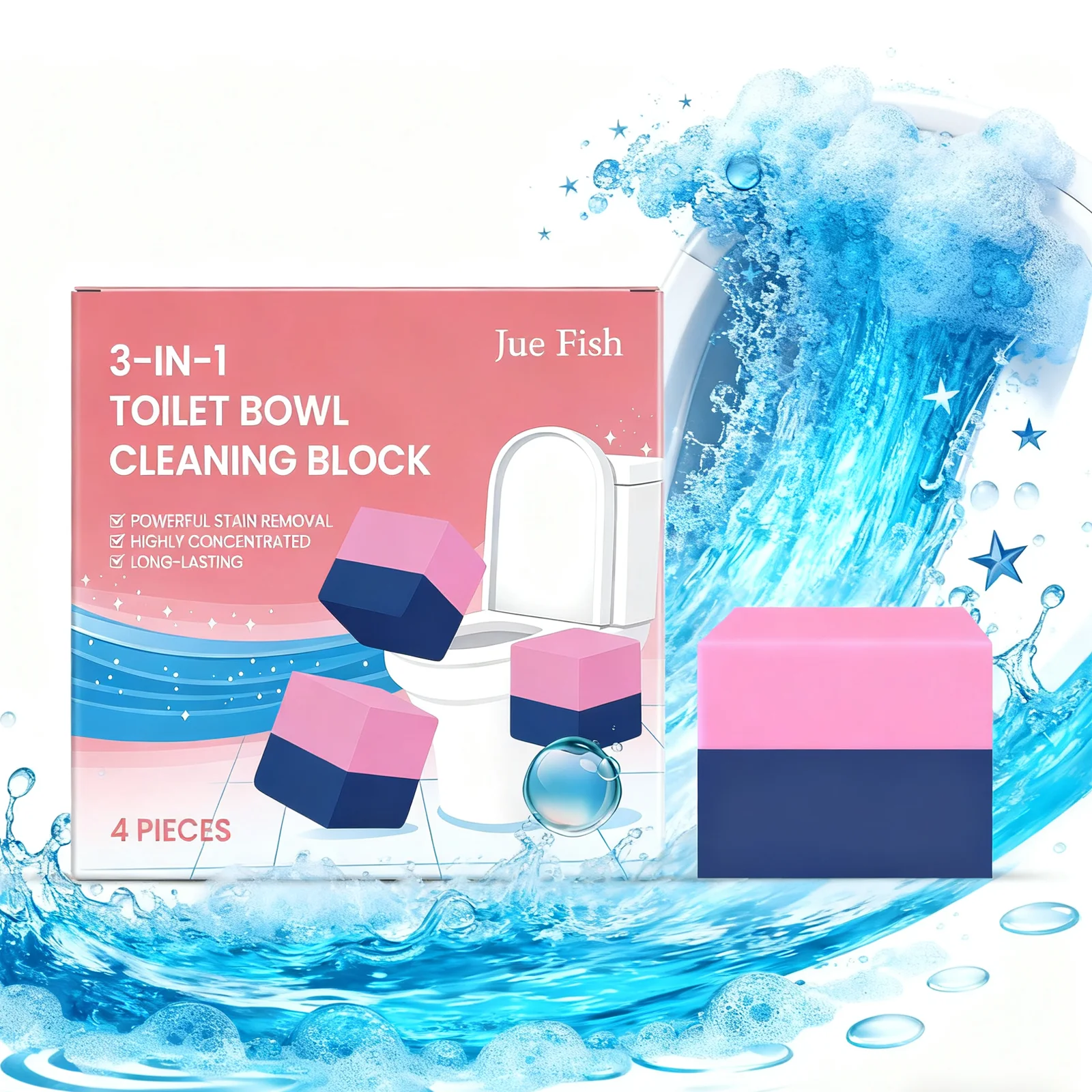 Jue Fish 3-in-1 Toilet Cleaning Block: Powerful Stain Remover & Deodorizer Fresh Scent Home Bathroom Bowl Cleaner