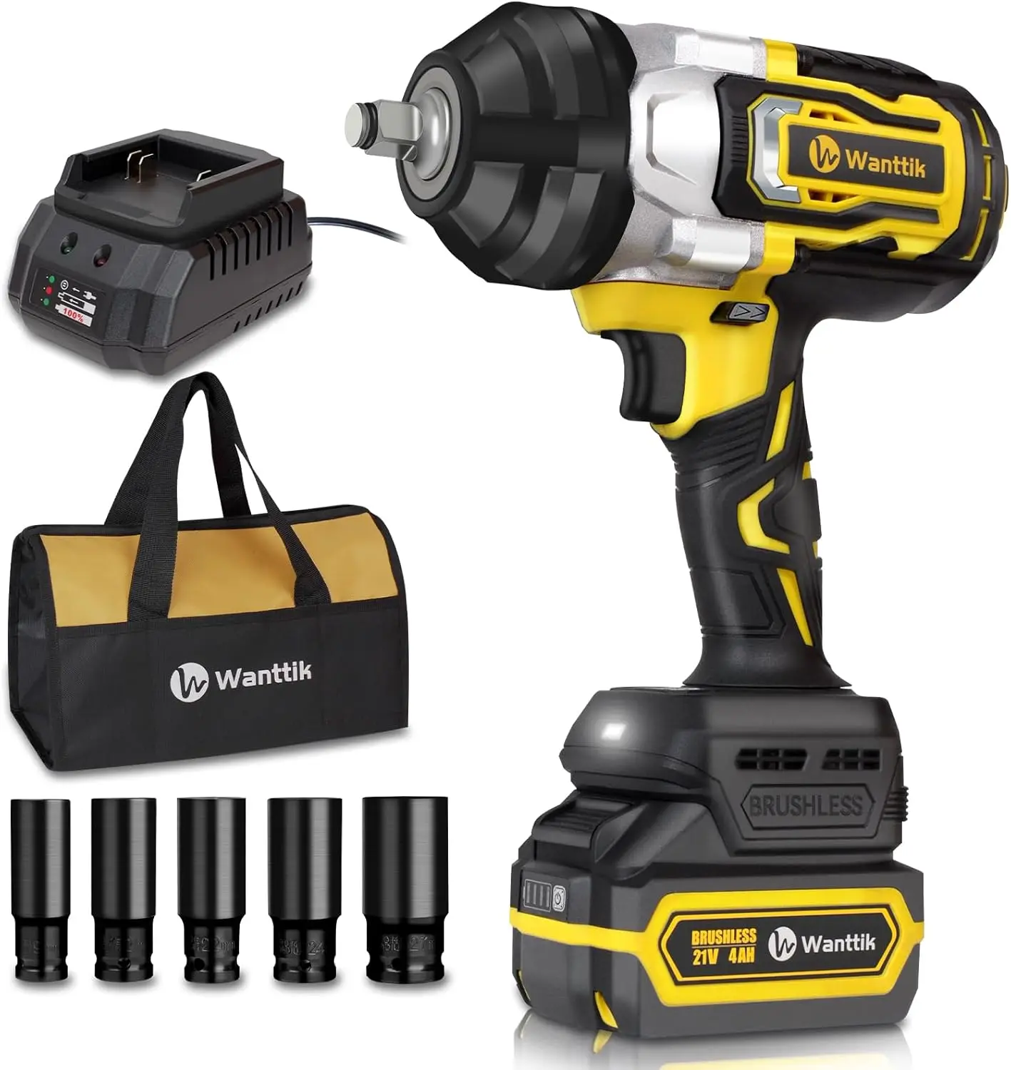 Cordless Impact Wrench 1/2 Inch, 1000 Ft-Lbs High Torque, 21V Brushless Impact Gun W/ 4.0 Ah Battery, Fast Charger, 5 Sockets