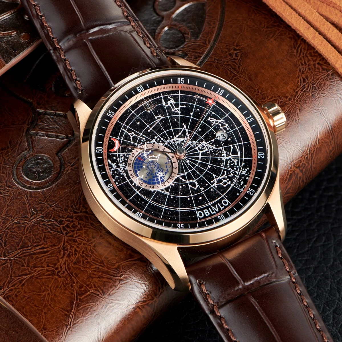 OBLVLO ผู้ชายนาฬิกาอัตโนมัติ 41 มม.นาฬิกาข้อมือกันน้ํา Sapphire Luminous Earth Star Dial