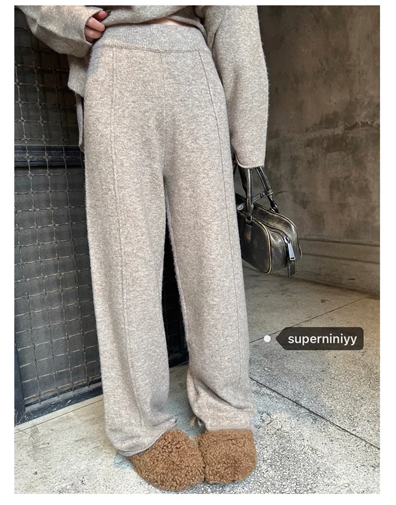 Korean Version of Soft Waxy Lazy Wind Knitting Set 2024 Gentle Round Neck Pullover Sweater Wide Leg Pants Two-piece Set Women