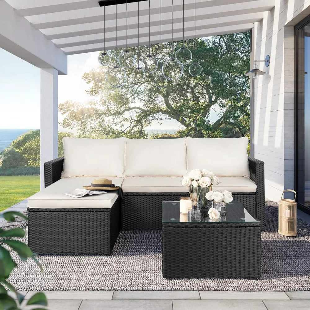 

Patio Furniture Set with Detachable Soft Cushions, All Weather Outdoor PE Rattan Patio Conversation Sofa Set, 3-Piece Patio