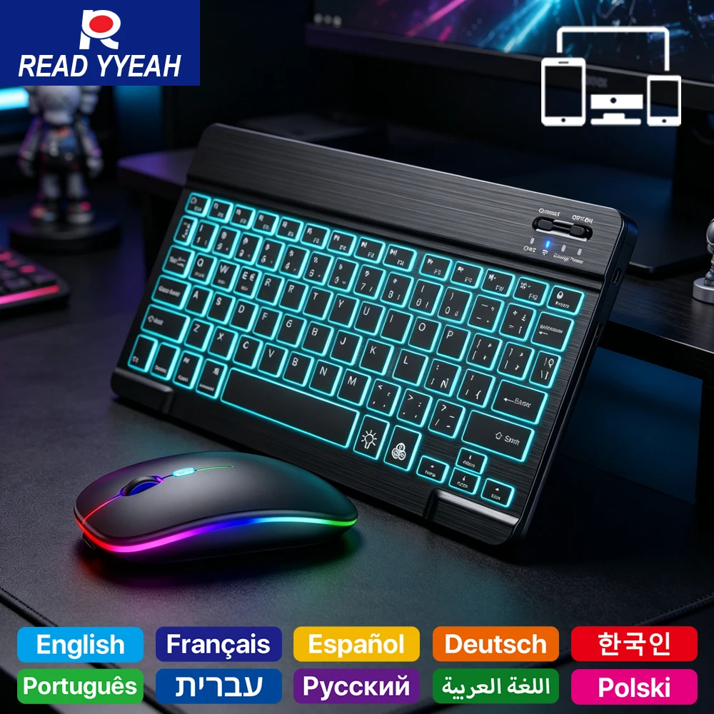 

2026 New Multi-language RGB Backlit Wireless Keyboard Mouse Combo Ultra-Thin Silent Gaming Keyboard for PC Laptop Tablet Phone