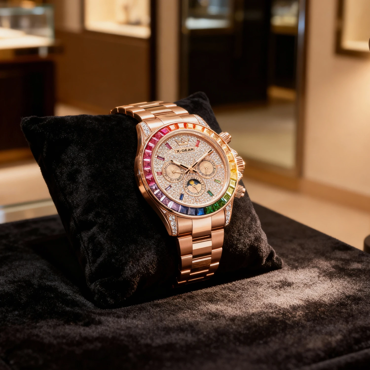 Relógio masculino X-GEAR mecânico automático com mostrador de diamante fase da lua luminosa resistente à água (presente)