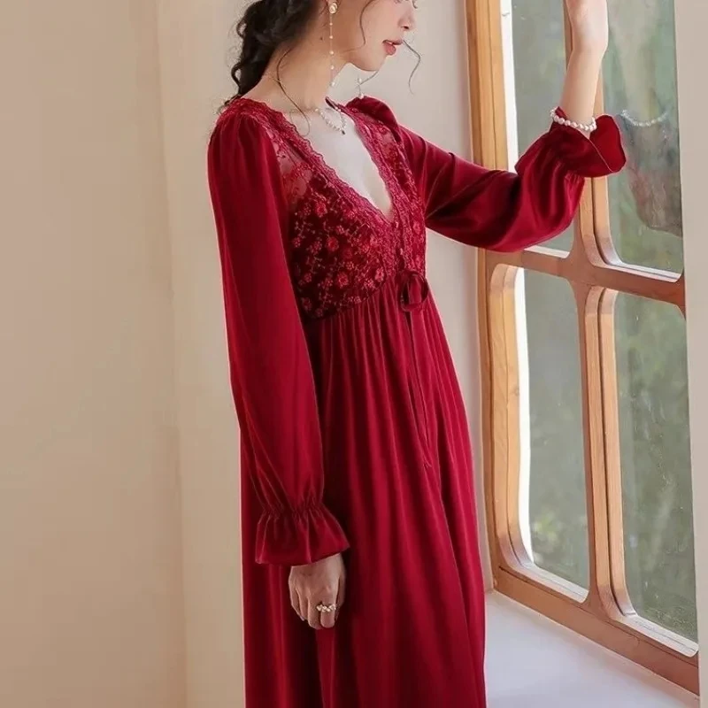 Women\'s Sexy Nightgowns Set Red Color Summer Spring Ladies Bathrobe Suit Lace Backless Deep V Neck Nightdress for Female 2024