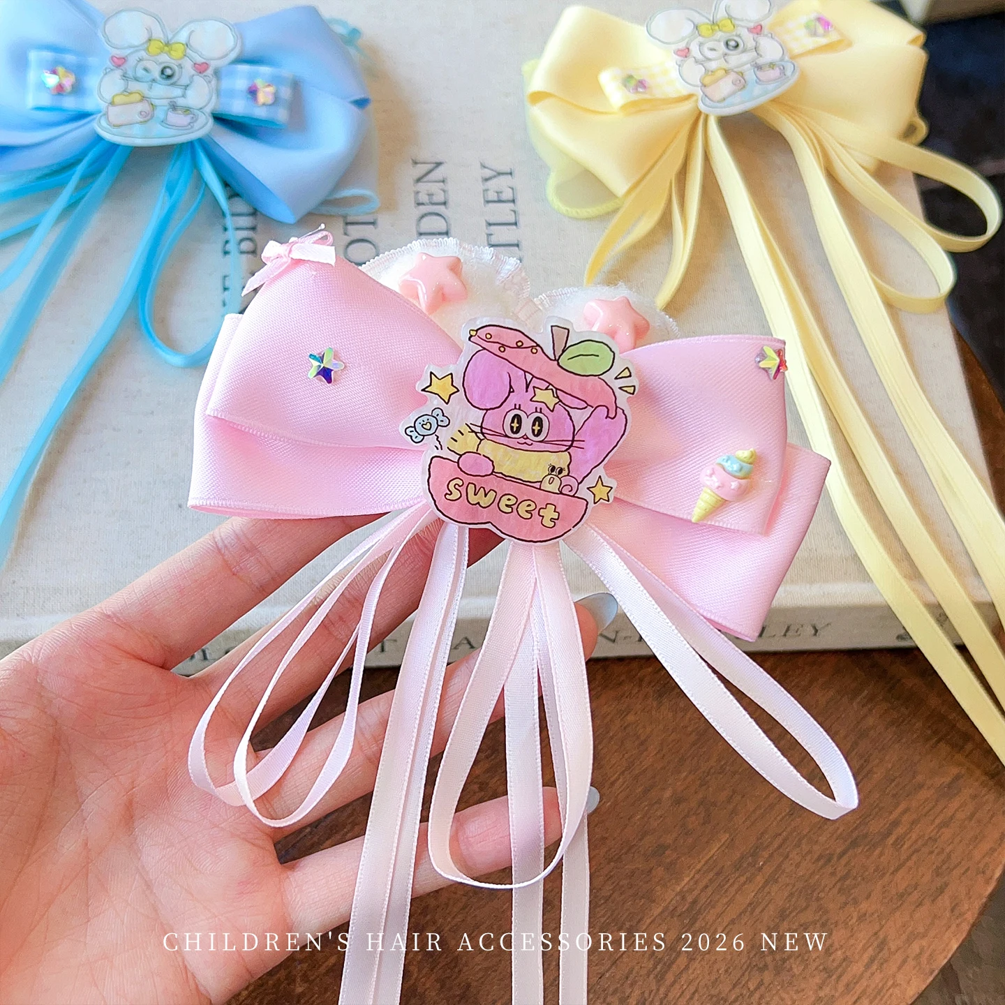 Cute 5color Long Streamer Bow Hair Clips For Girls Sequin Tulle Cartoon Bunny Ribbon Barrettes Hairpin Barrettes Princess Party