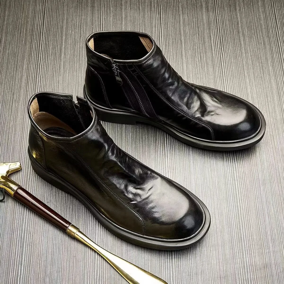 Short boots men's cowhide high top shoes breathable casual single-layer leather shoes fashionable men's Chelsea short boots new