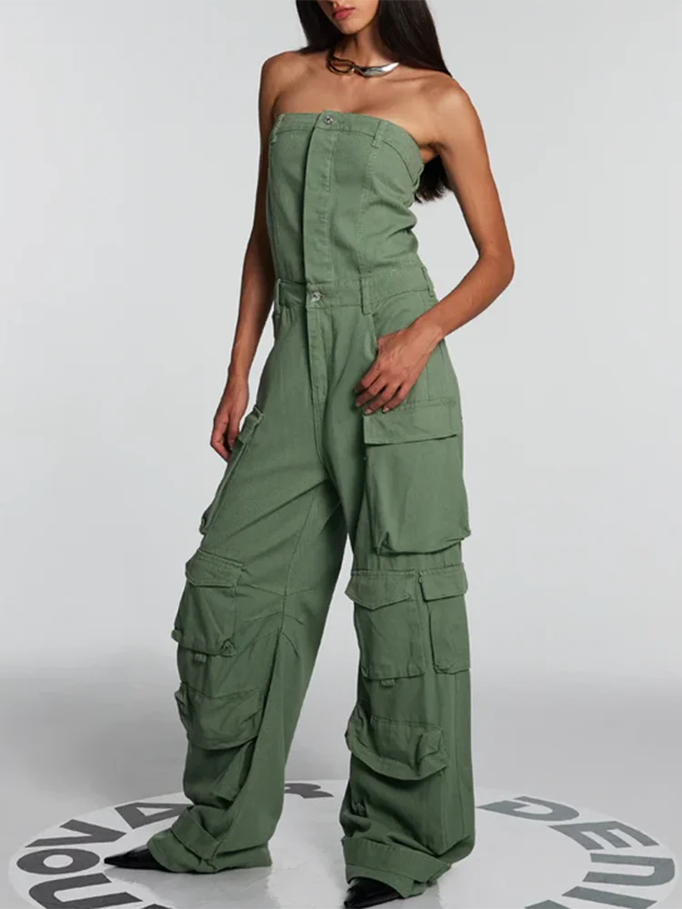 VGH Solid Casual Loose Jumpsuits For Women Strapless Sleeveless High Waist Spliced Pockets  Jumpsuit Female Fashion Clothing New