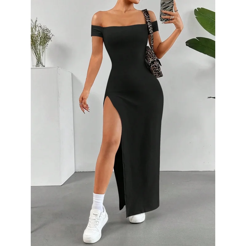 

International Station Hot Sale Women's Elegant Sexy Dress2025Spring and Summer New One-Neck Slit Midi Dress