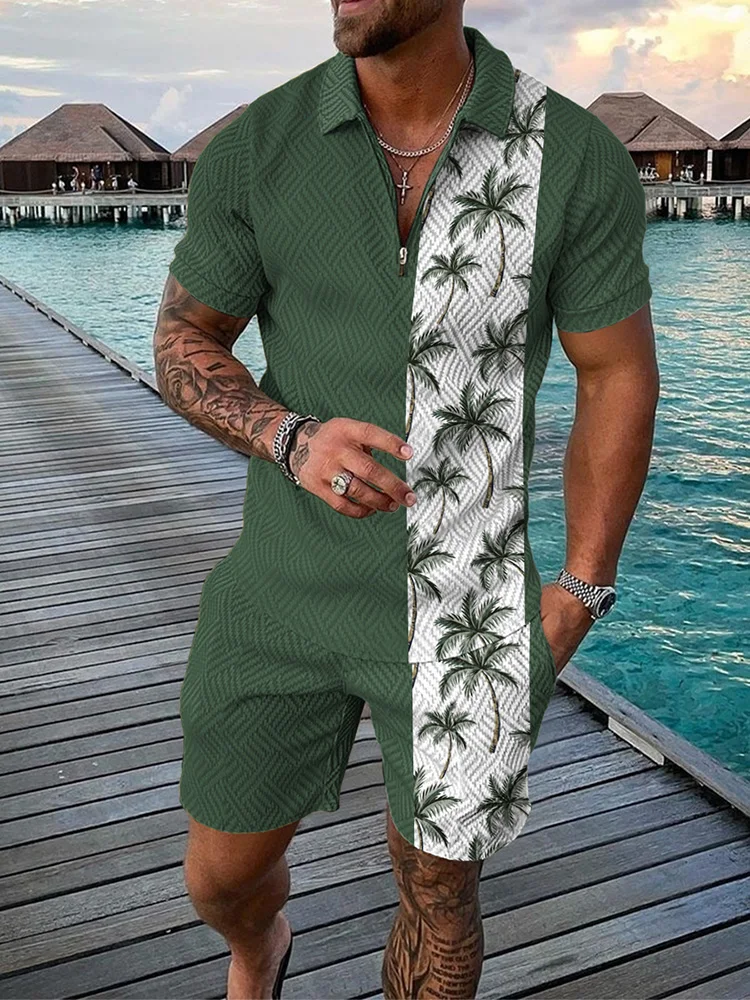 

Hawaiian 3D Coconut Tree Printed Zipper Polo shirt, short-sleeved Shirt And shorts, Casual And Fashionable Zipper men's Suit