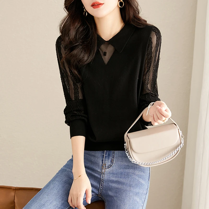 

Ele Slimming Long Sve Lace T-irt Knitted Sweater Women's Faionable Spring Summer Top Quali Fiber Polyester