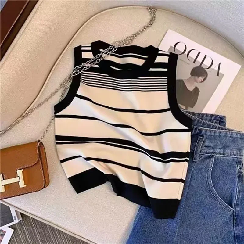 Nice Women's Clothing French Sweet Tanks Tees Spicy Girl Striped Sleeveless Knitted Shirt Women Summer New Short Casual Camis To