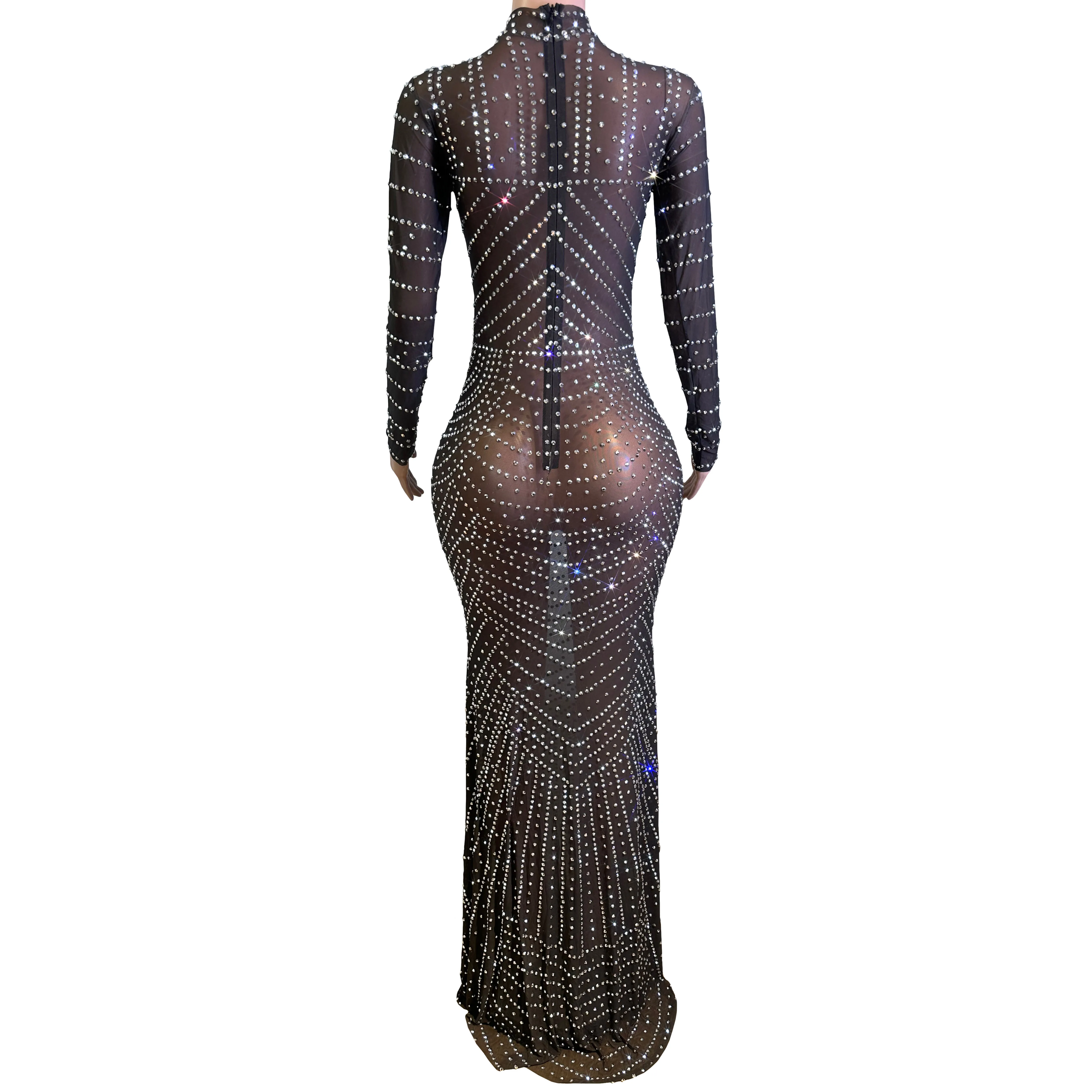 Sexy Perspective Mesh Full Diamond Slim Fit Long Skirt Nightclub Bar Female Singer DJ Stage Performance Dance Team Party Costume