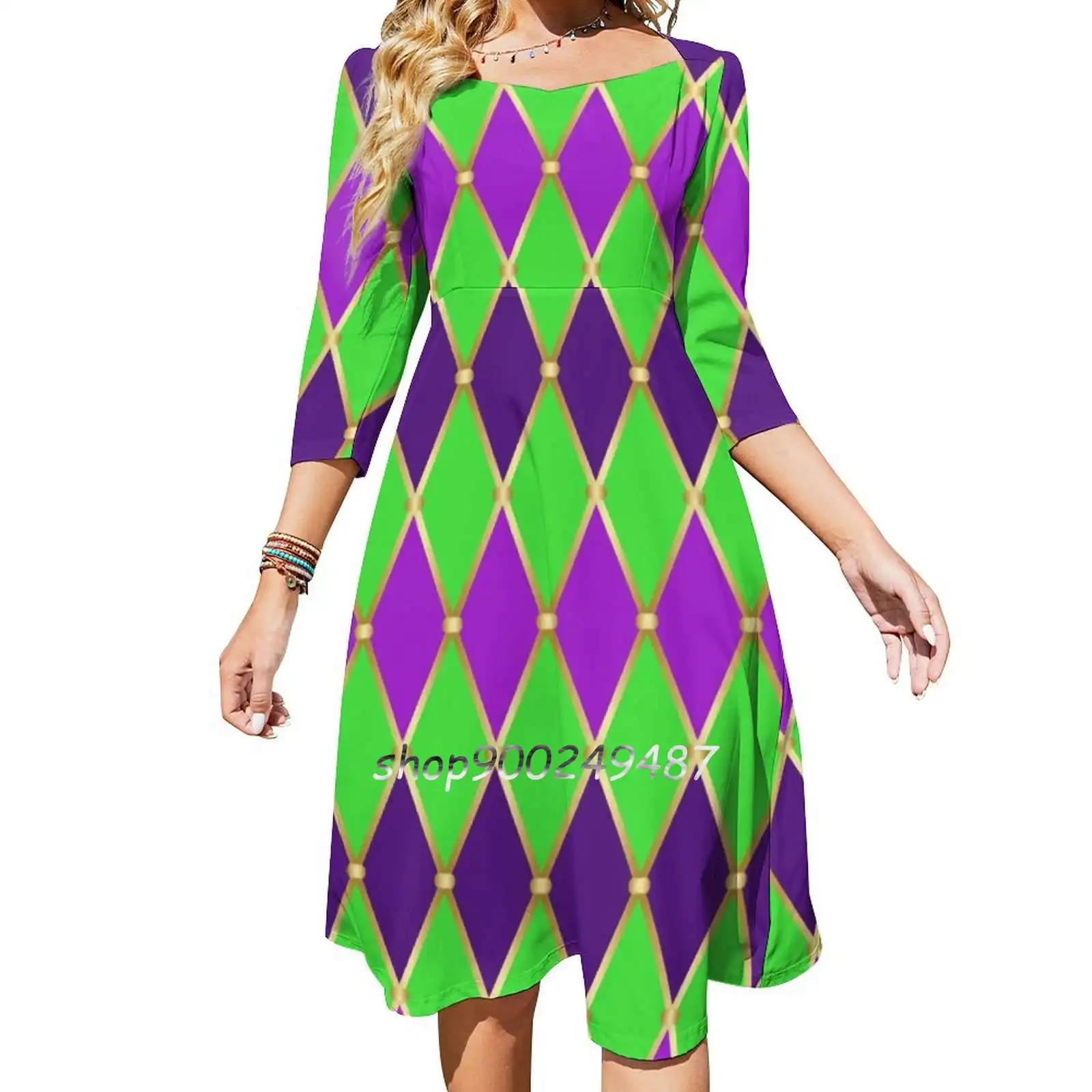 Mardi Gras Flare Dress Multiple styles Print Dress Short and Long Sleeve Dress Backdrop Background Bright Carnival Geometric