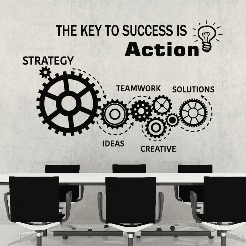 Teamwork Gears Vinyl Wall Decal Office Space Decor Interior Stickers Mural, The Key To Success Is Action Wall Quotes Decals G150