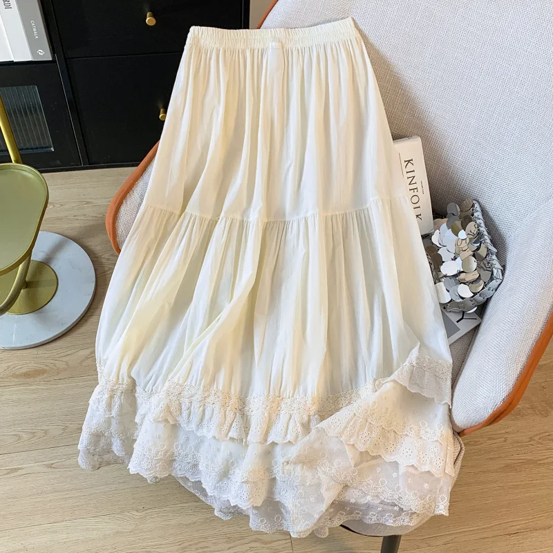 

Sweet Lace Trim Splice White Midi Skirt Women's Spring Summer Half-length A-line Cake Skirt High Waist Cotton Blend Long Skirt