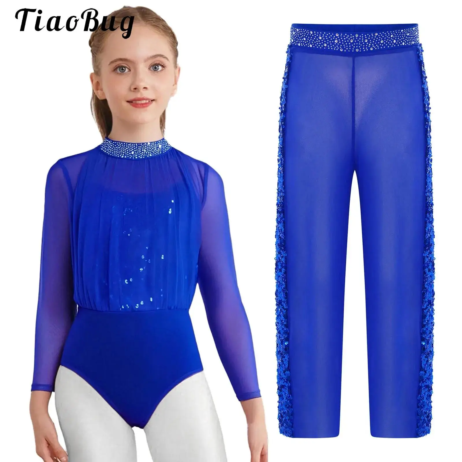 

Kids Girls Shiny Rhinestone Acrobatics Gymnastics Leotard Figure Skating Modern Ballet Dance Jumpsuit Rumper with Mesh Pants Set