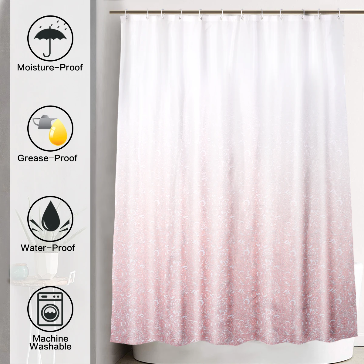 Shower curtain polyester machine washable with 12 hooks  (Gradient pink)