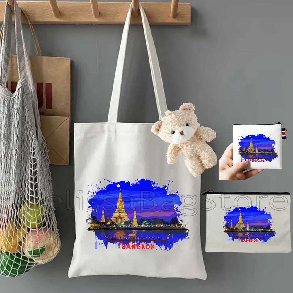 

4PCS Gifts Set Bangkok Thailand White Canvas Tote Bag Handbag with Doll Key Coin Purse Cosmetic Makeup Toilet Bag Case Pouch