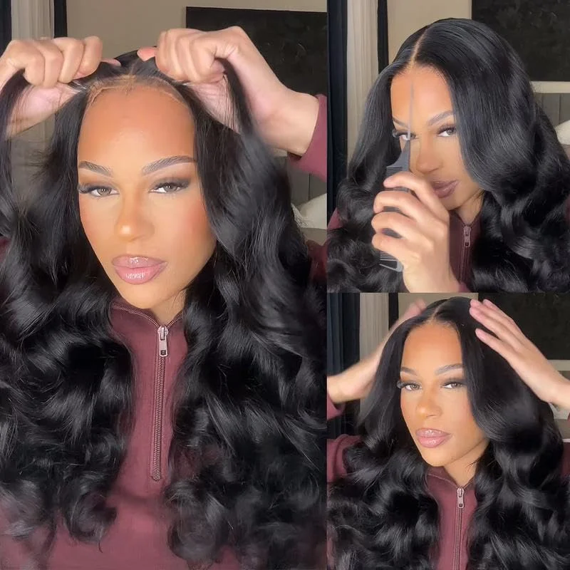 Glueless Human Hair Wig 7x6 Lace Closure Natural Black Adjustable Drawstring Pre-Plucked Hairline Body Wave Wigs 40 46 Inch HD Lace Frontal Human Hair Wigs For Women Pre Plucked 220% Density - view 2