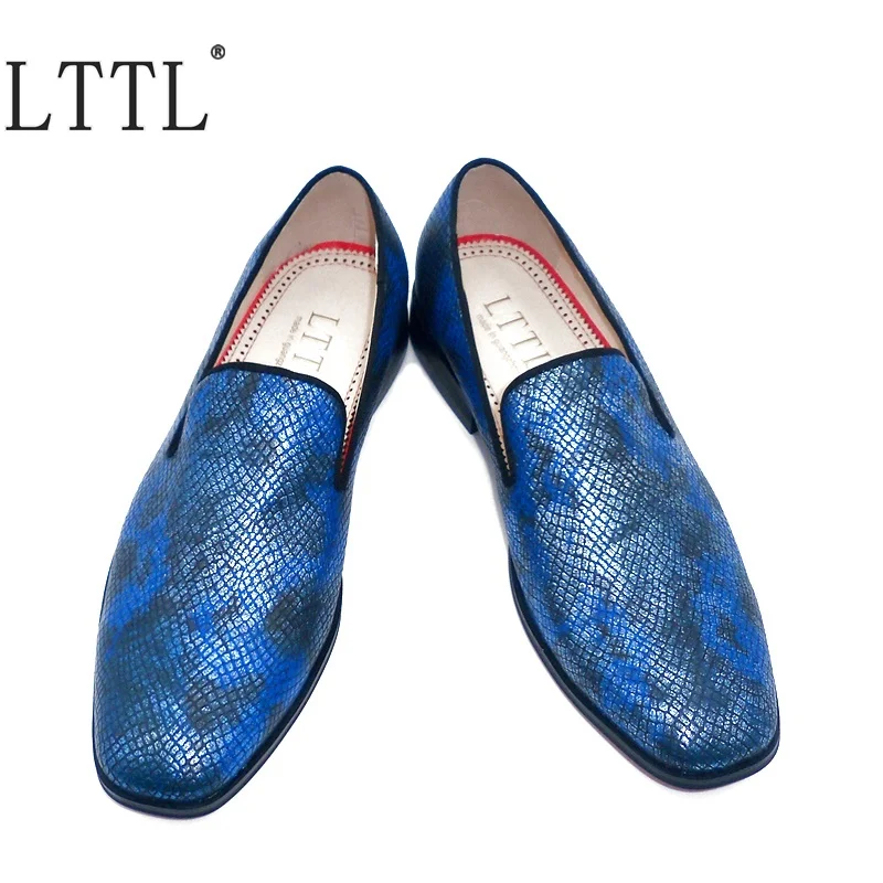 Summer Slip On Blue Snakeskin Pattern Leather Loafers Luxury Men's Flats Dress Shoes Casual Shoes For Men Free Shipping