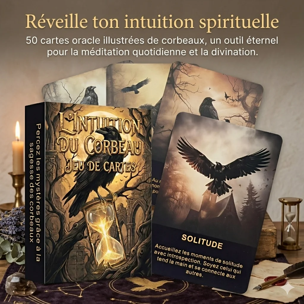 

French Raven Oracle Cards, 50 Dark Retro Illustrations Tarot Deck, Divination Tool, Meditation Intuition Card, Mystical Gift