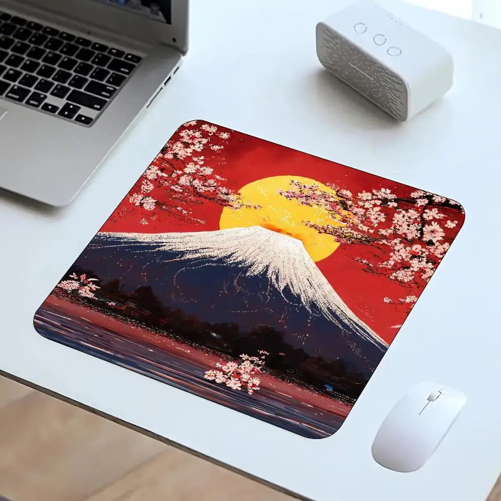 Oriental Fuji Sakura Square Mouse Pad Non‑Slip Rubber Keyboard Mat For Precise Mouse Movement Gaming Laptop Computer Desktop