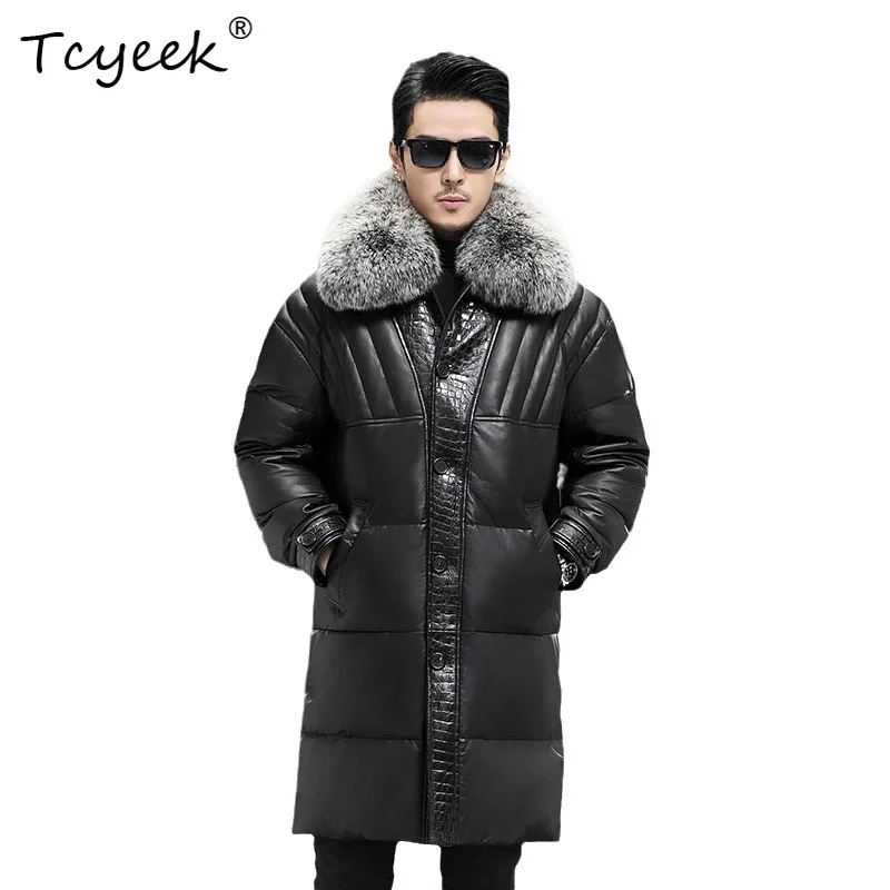 Tcyeek Real Sheepskin Jacket for Men Fox Fur Collar Goose Down Long Down Jacket Crocodile Grain Mens Winter Coats 2026 Chaquetas