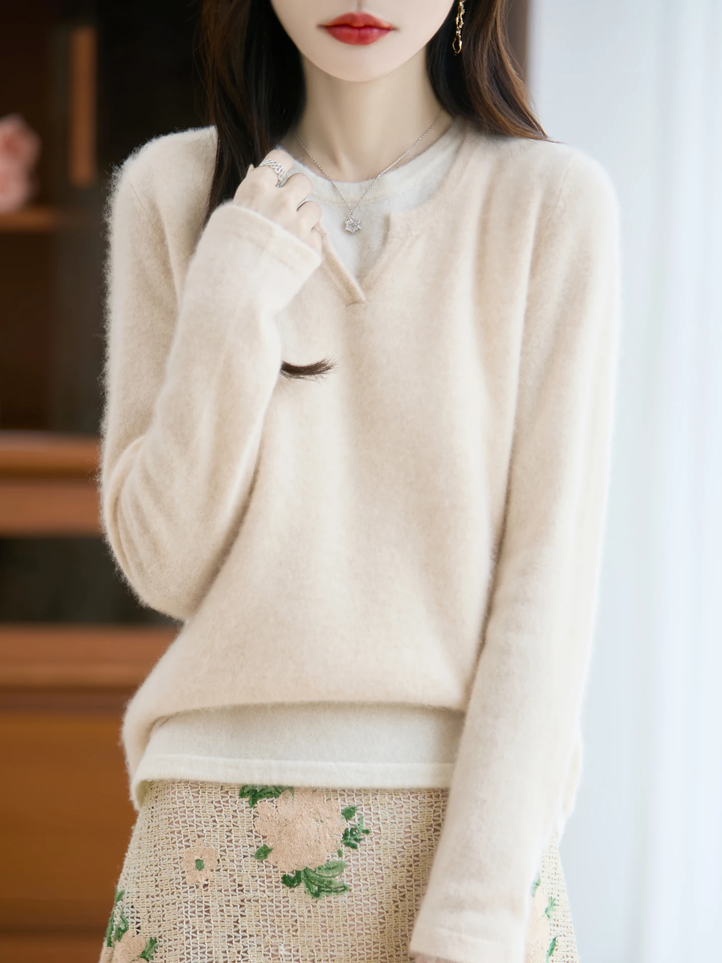 Ladies Autumn Winte 100% Merino Wool Sweater Layer Notched Collar Pullover Cashmere Knitwear Soft Fluffy Long Sleeve Clothing