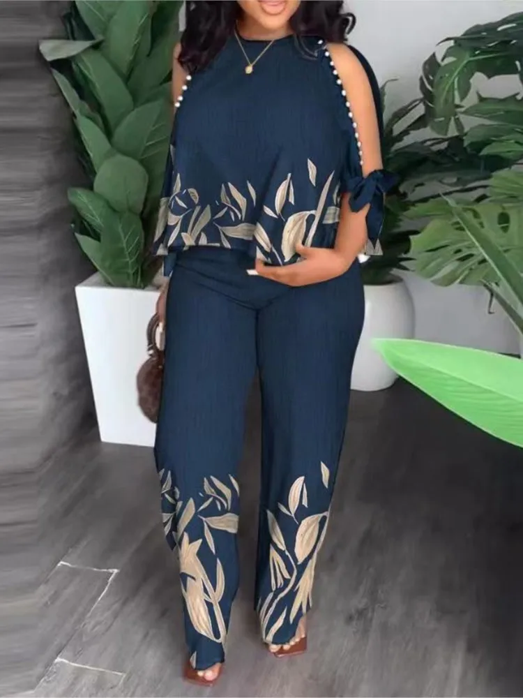 

Women's Fashion Positioning Printed Two Piece Sets Summer Round Neck Hollow Beading Raglan Sleeves Top & Wide Leg Trousers Suit