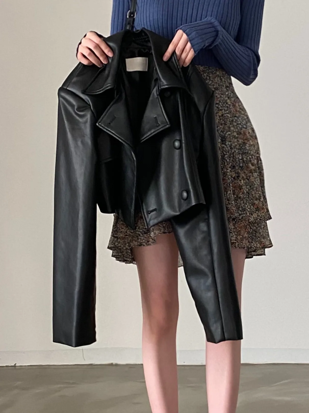 Chic ort PU cuero Jaet mujer Biker Sle abrigo doble fila botones cuello Patchwork otoño Faion señoras prendas de punto