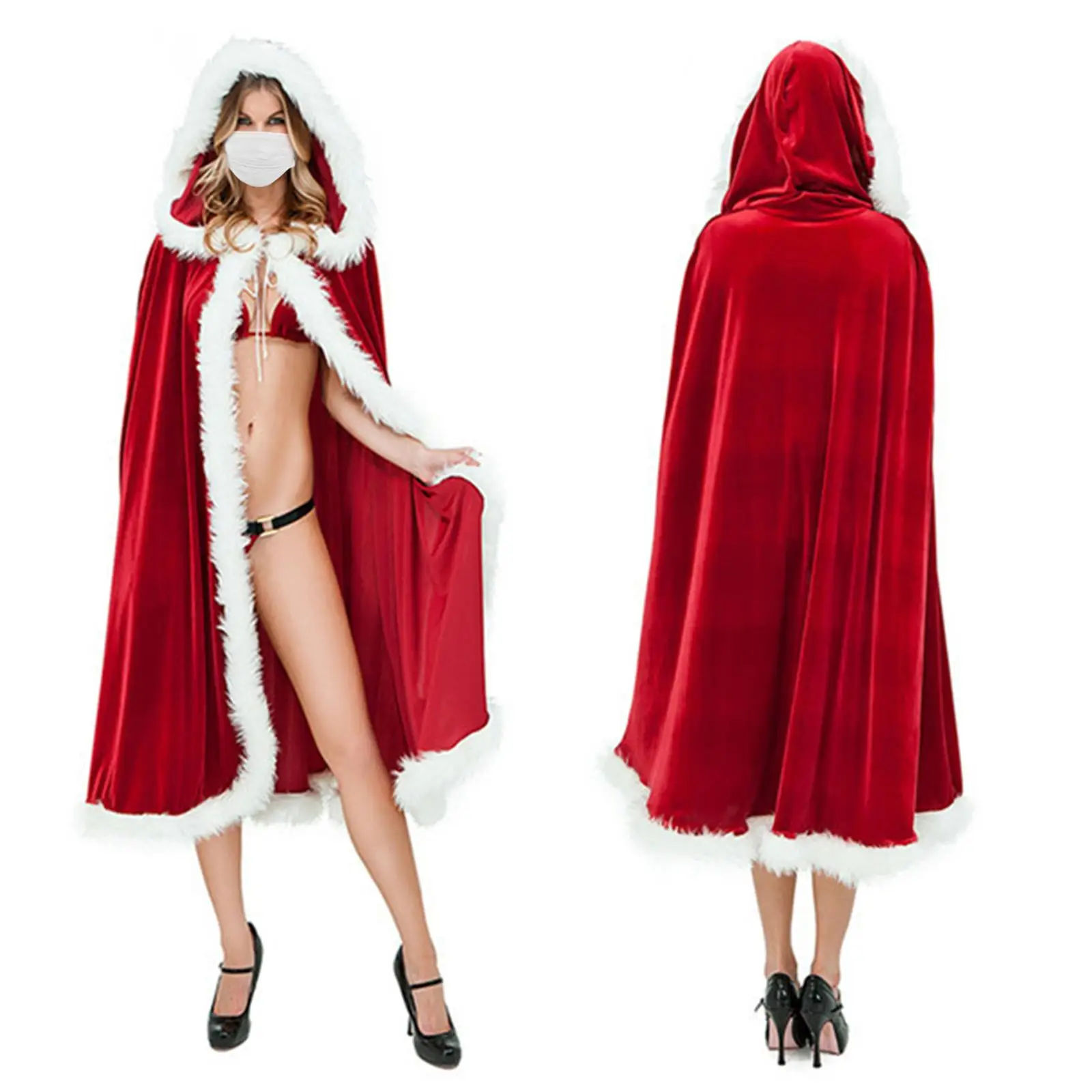3x Halloween Christmas Costume Cloak Velvet Hooded Cape Lightweight Santa Claus Robe for Props Themed Party Stage Performance