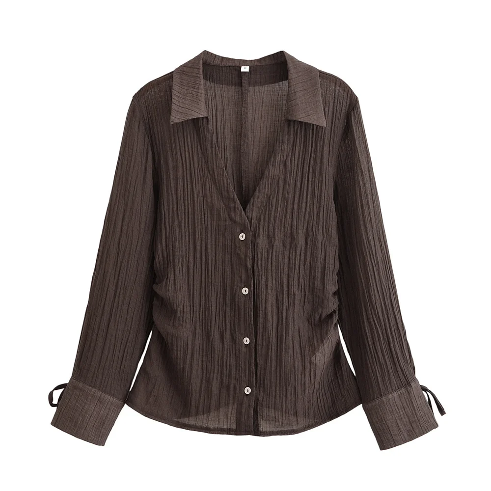 

Taop&Za women's summer new product casual simple bow decoration semi transparent long sleeved V-neck solid color shirt